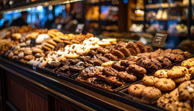 Assorted cookies in a bakery display case