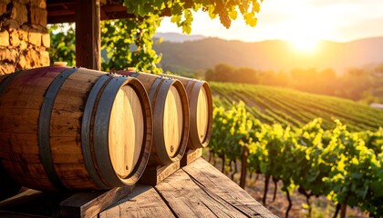 Wine Barrels at Vineyard with Scenic View at Sunset