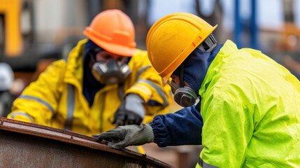 Workers in protective gear inspect metal container, showcasing safety measures in industrial environment. scene emphasizes teamwork and attention to detail in hazardous conditions