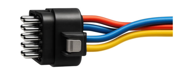Multi-pin electrical connector with color-coded wiring and clamp fasteners