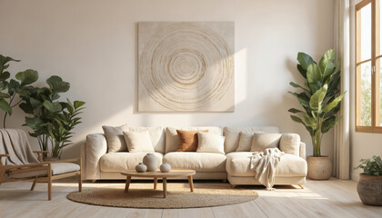 Bright boho living room featuring minimalist art on wall. Neutral color palette with natural light enhancing calm, comfortable, cosy environment. Stylish furniture, plants create relaxing, simple,