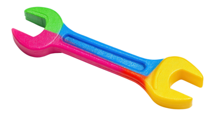 Child-size plastic toy wrench in bright color background isolated on a Transparent background, PNG file.