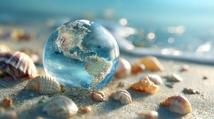 Earth's Embrace: A delicate glass globe, etched with the continents, rests serenely on a sandy beach, with waves gently caressing its shore, representing the planet's beauty and fragile state.
