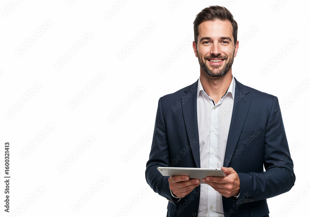 Poster smiling businessman holding a tablet computer and looking at the camera with a confident expression