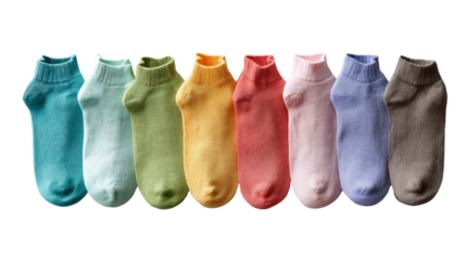 Children ankle socks in pastel tones arranged in row isolated on a Transparent background, PNG file.