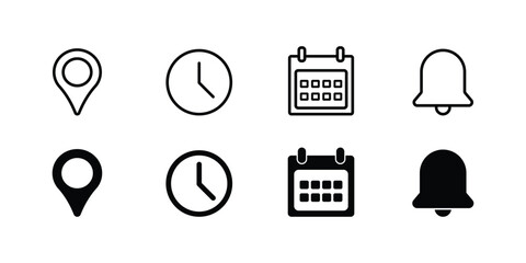 Minimalist Icons Set: Location Pin, Clock, Calendar, and Notification Bell for Digital Design