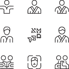 Obraz premium Martial arts vector icon set adjustable line weight karate,aikido,judo,taekwondo,face scan,studying,practice,training,dojo,uniform,instructor,discipline,symbols icon set