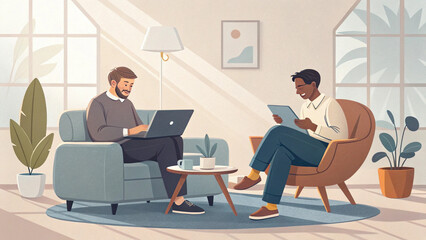 “Staged photo of two colleagues in a modern living room, one on laptop, one on tablet, casual meeting vibe—no branding or text.”

