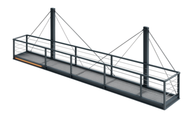 Suspended pedestrian bridge with cable supports and metal mesh flooring