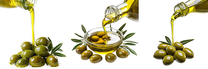 Olive oil pouring on green olives