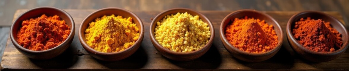Assorted ground spices in small bowls on wooden board, cumin, detail