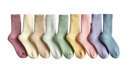 Children ankle socks in pastel tones arranged in row isolated on a Transparent background, PNG file.