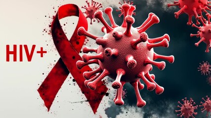 Hiv virus concept ,HIV Awareness Red Ribbon Symbolizing Health Support and Education on Virus Challenges and Disease Prevention - Powered by Adobe