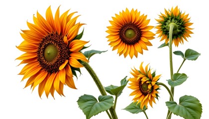 Obraz premium Close-up shot of vibrant sunflowers in full bloom. Their bright yellow petals stand out beautifully against their green stems and leaves