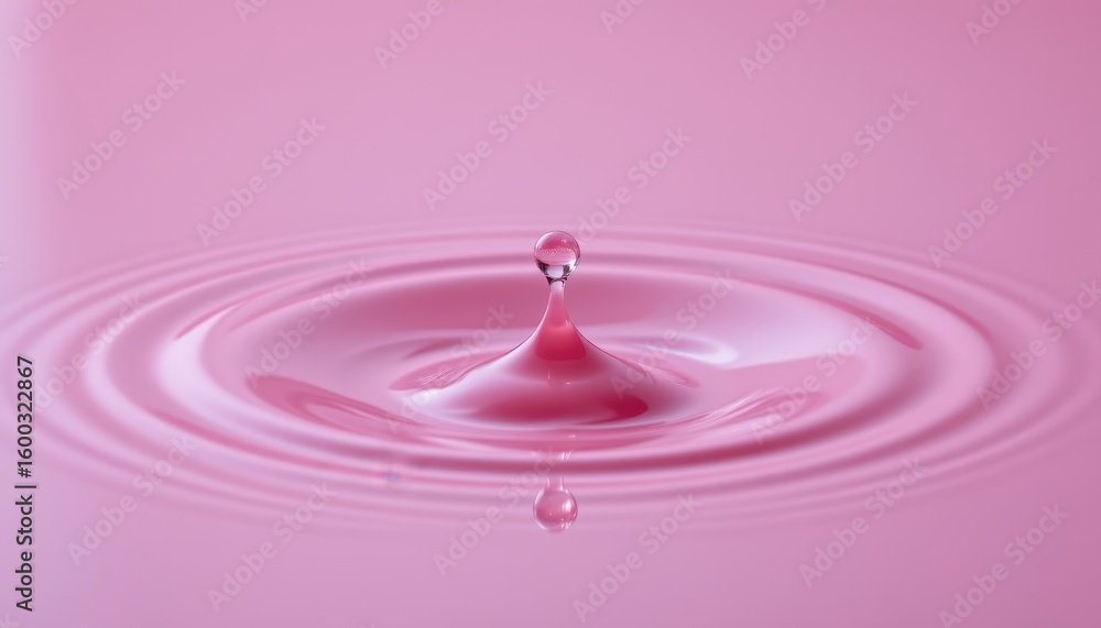 Poster close-up view of a water drop creating ripples in a pink liquid background