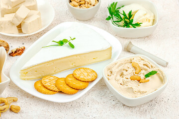 Homemade vegan cashew cheese. Raw healthy sauce in a bowl, lactose free food. Bio organic product