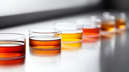 Row of petri dishes with various culture samples, high-resolution macro on white
