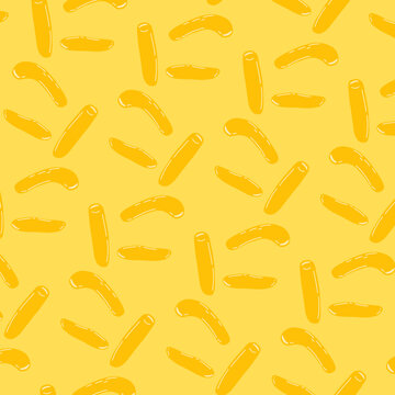 A simple and seamless pattern fun flat design illustration of yellow macaroni pasta with smooth curves, perfect for food-themed graphics and playful artwork.