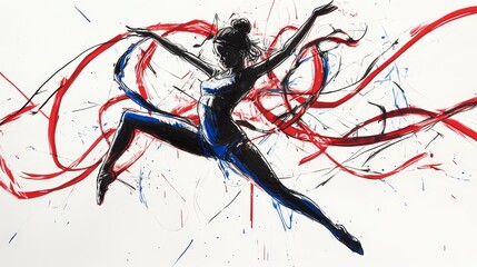 rough pen lines scratch of a ribbon gymnastics girl in a very smooth move in red, blue and black ink pne lines white back ground -