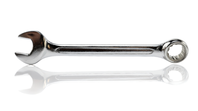 Chrome wrench in standing vertical position with reflection isolated on a Transparent background, PNG file.