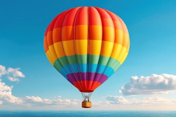 Obraz premium Vibrant rainbow hot air balloon floating against clear blue skies