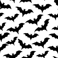 Seamless Halloween Pattern of Black Bats on a White Background