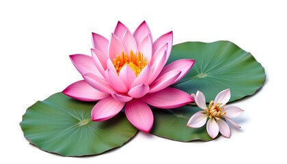 A stunning pink lotus flower gracefully floating on a water surface, its vibrant petals radiating beauty. The serene environment enhances the visual appeal, offering a sense of peace and tranquility.