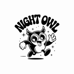 A cheerful black and white cartoon night owl mascot running and waving under arched text.
