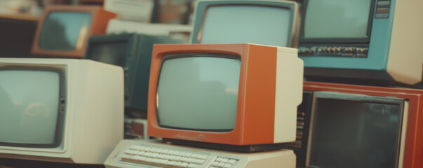 Antique electronics display featuring retro televisions and computers in various colors and styles, evoking nostalgia and showcasing vintage technology