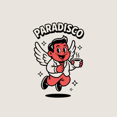Cartoon illustration of a red-skinned cherubic boy with wings, holding a steaming cup of coffee, floating beneath the word 