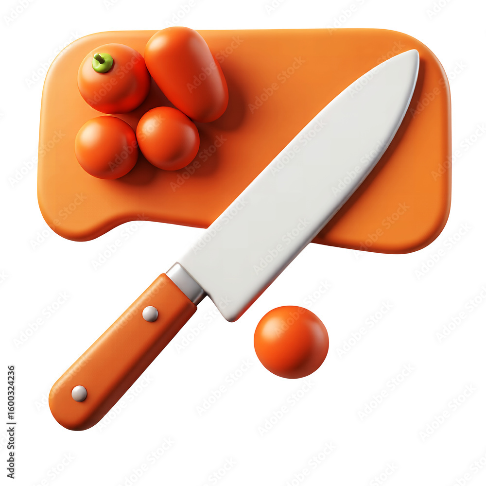 Poster a cutting board with tomatoes and a knife in a stylized digital rendering design on transparent back