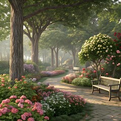 Sunlit cobblestone path winding through a lush, flower-filled garden toward a cozy house.

