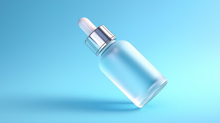 A clean and professional product shot of a frosted serum bottle with a dropper on a soft blue background. lighting highlight the skincare or beauty product, perfect for marketing purposes.