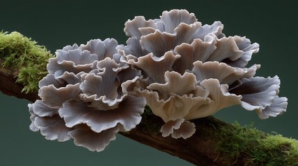 Elegant oyster mushrooms growing on a mossy branch, illuminated against dark backdrop