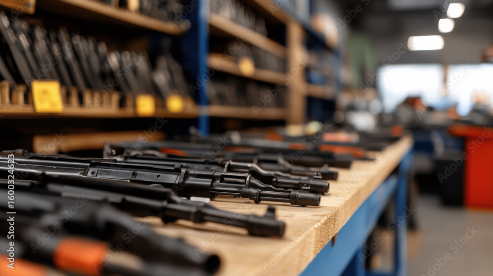 Poster detailed view of firearms displayed on workbench in well organized workshop, showcasing various part