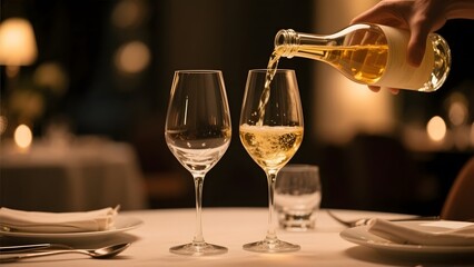 White wine being poured into a glass on a dimly lit dining table