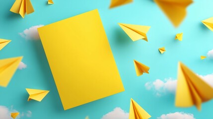 Yellow paper and paper airplanes flying against a blue sky with clouds create a playful and imaginative atmosphere for creativity