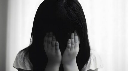 Black and white image of a girl covering her face with her hands.