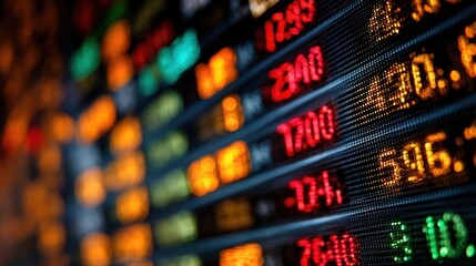 Brightly lit digital screens show stock price fluctuations with numbers changing rapidly. Traders monitor these displays for key market insights during active trading hours.