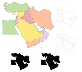 Middle East administrative map, Middle East outline and countries region map set – illustration version