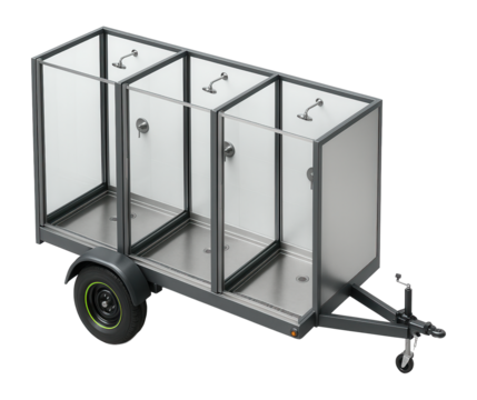 Decontamination trailer with visible shower stations and drainage system