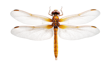 Orange dragonfly top view with transparent wings isolated on white background for insect and macro nature concept
