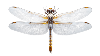 Dragonfly with transparent wings top view isolated on white background for insect and nature macro concept
