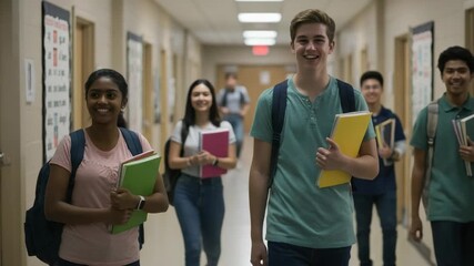 Diverse group of high school students walking down a school hallway. Teenage boy and girl talking and smiling between classes. - Powered by Adobe