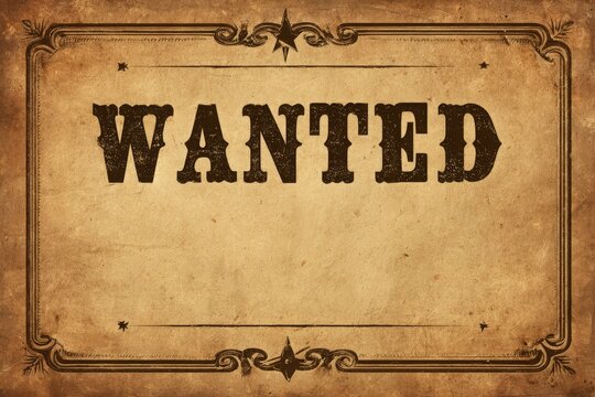 A wanted poster showcases bold lettering and a rustic background, capturing the essence of the Wild West. The aged paper adds to its historical authenticity, evoking images of lawmen and outlaws.