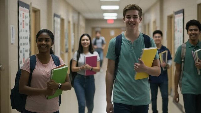 Diverse group of high school students walking down a school hallway. Teenage boy and girl talking and smiling between classes.