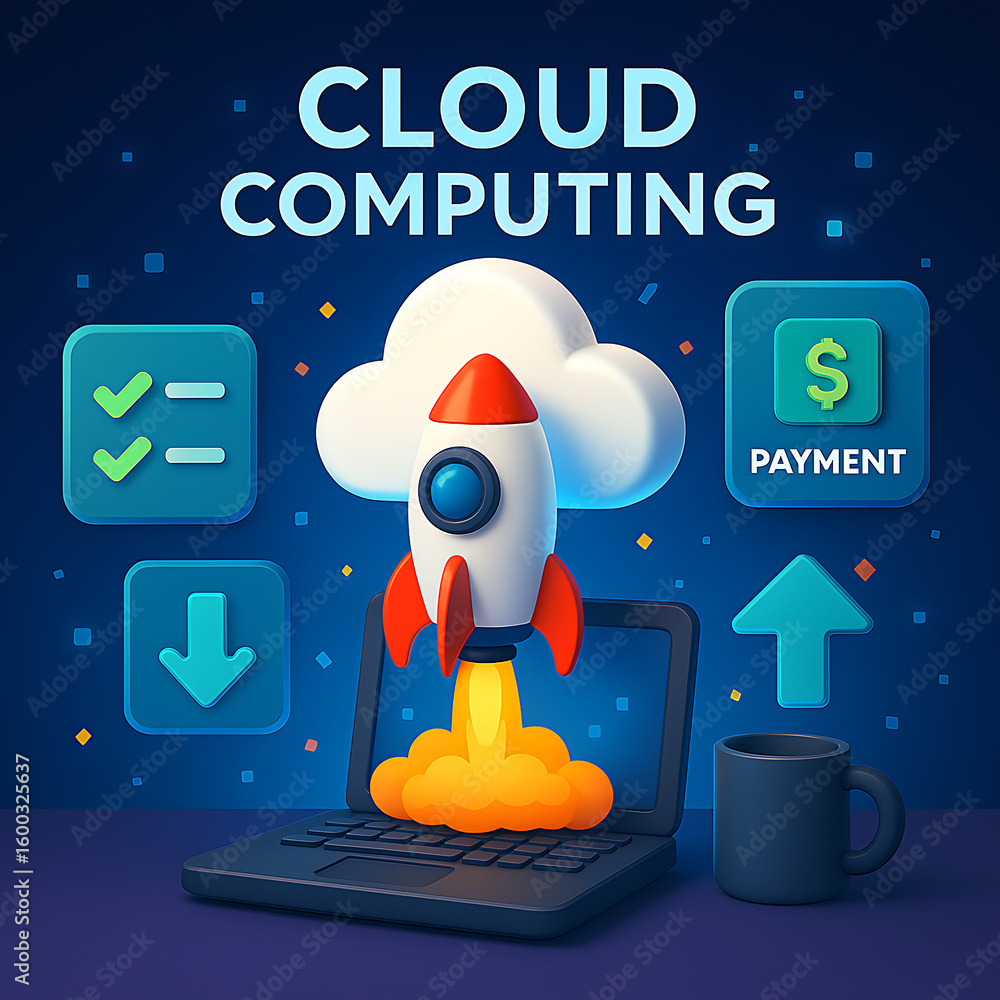 Poster cloud computing concept with rocket launching from laptop, data upload, and payment icons.