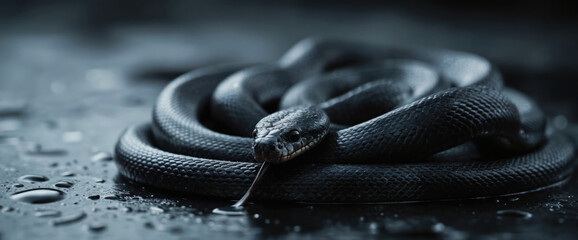Coiled black snake with textured scales rests on wet, dark surface. Pointed head, slender body visible. Water droplets scattered around enhance mysterious, dark appearance. Reptile scales subtle