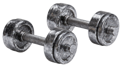 Classic iron dumbbells with scratched surface, high detail isolated on a Transparent background, PNG file.
