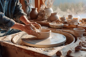 a Chinese artisan making traditional pottery at a rural studio